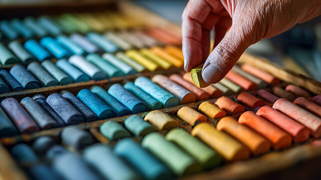 Hand selecting a yellow pastel stick from a colorful assortment of art pastels art supplies artist hand