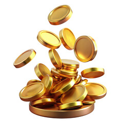 3d gold coins falling and piling isolated on transparent background
