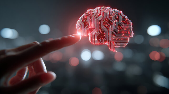 Human finger touching glowing red digital brain circuit board with bokeh background technology artificial intelligence
