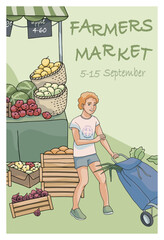 Farmers market poster,  boy with shopping trolley and market stall filled with vegetables 