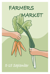 Farmers market poster with hands holding vegetables