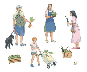 standing isolated peoples shopping at a farmer's market, man with dog, woman with basket, vendor holding watermelon, boy with grocery cart 