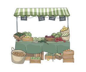 Market stall is filled with organic produce. use in eco-friendly, local food, farming, family lifestyle templates