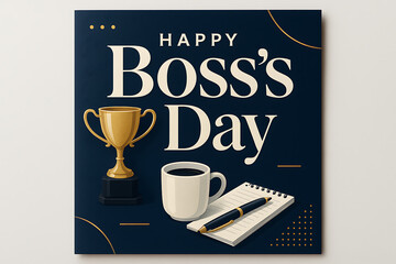 Elegant happy boss’s day card with golden trophy, coffee cup, pen, and notebook on dark navy background for office celebration