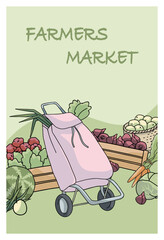 Farmers market poster with shopping trolley and vegetables 
