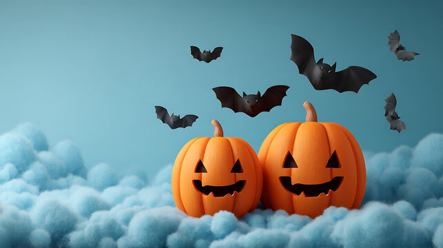 Cute Halloween Pumpkins in Blue Clouds, Flying Bats Holiday Decor