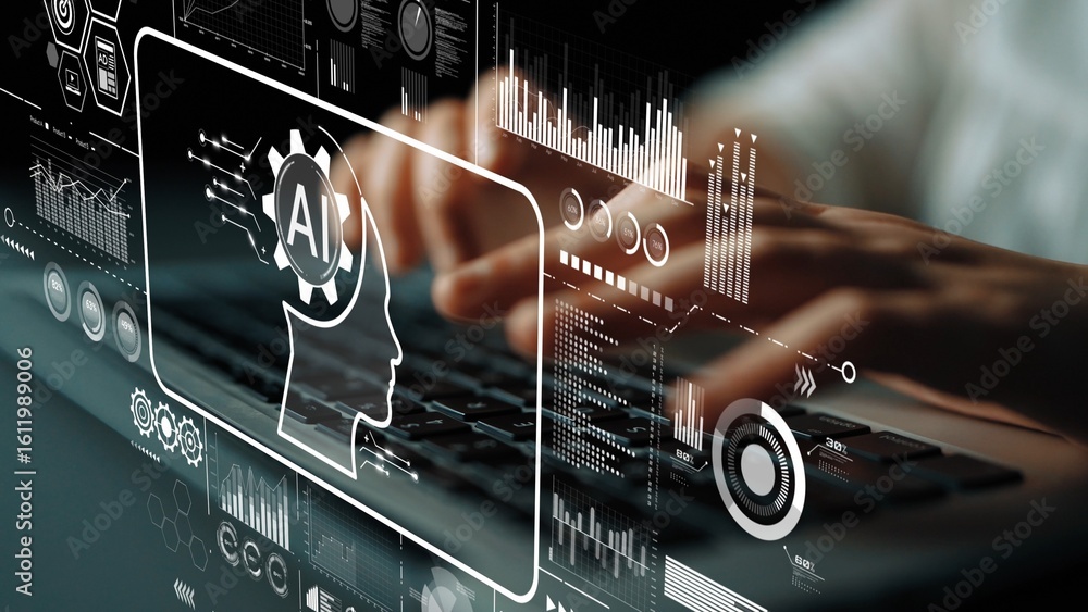 Poster artificial intelligence concept with hands typing on keyboard and digital graphics overlay. asymptot