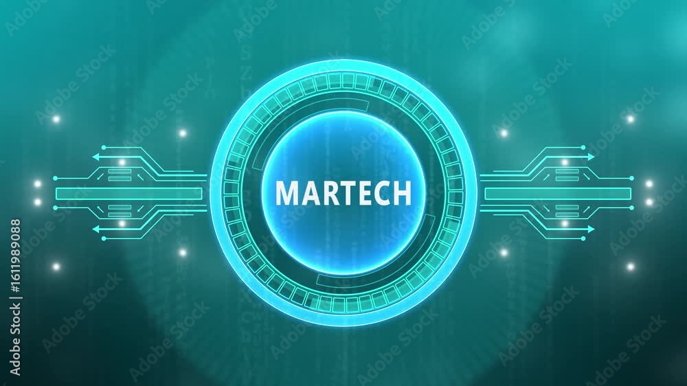Poster martech marketing technology concept on virtual screen interface. glowing connections in different p