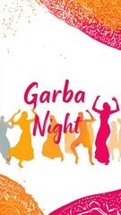 Colorful garba night celebration with dancing silhouettes and vibrant patterns