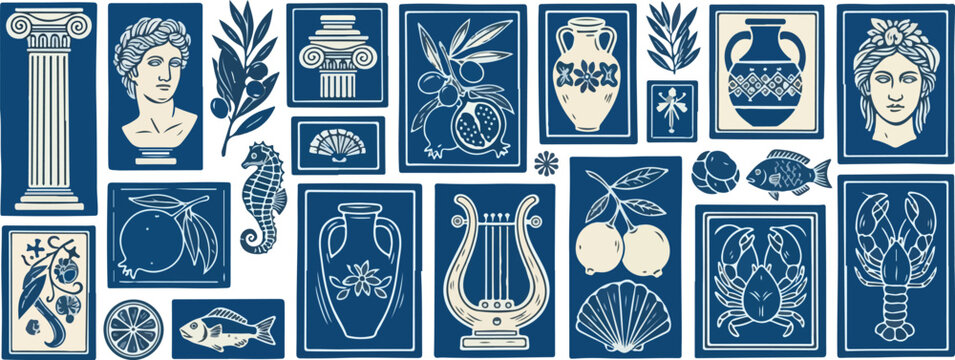 Collection of ancient greek and roman art elements isolated on transparent background