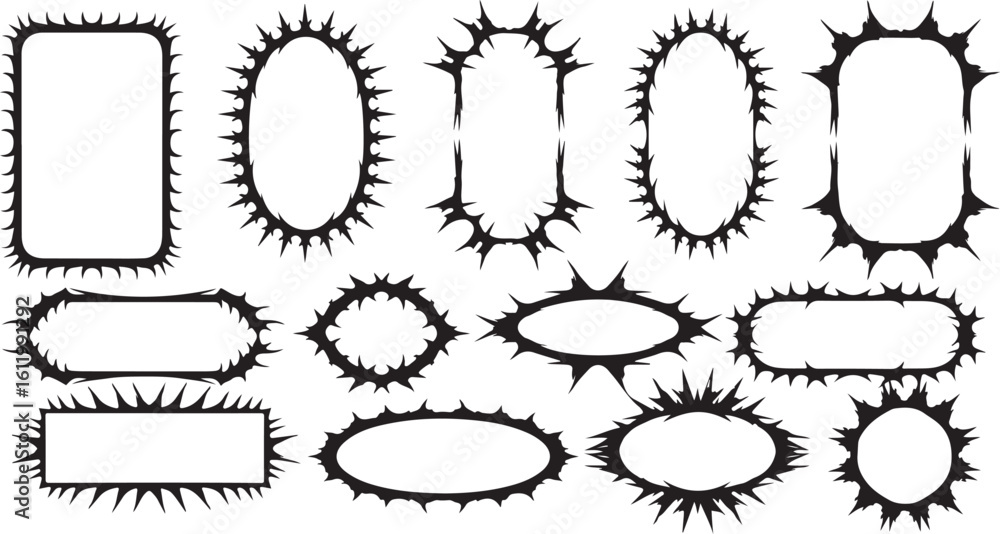 Poster collection of decorative spiky frames and borders in various shapes isolated on transparent backgrou