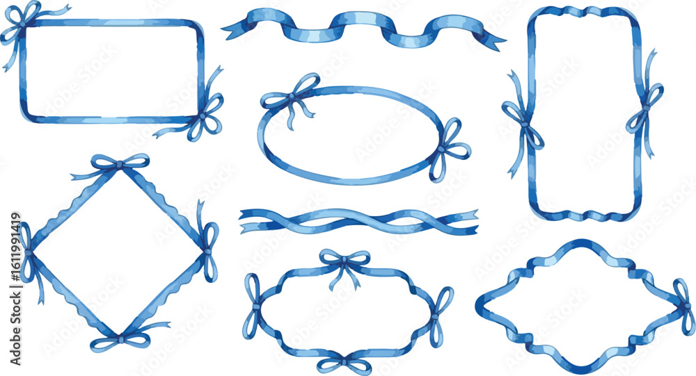Poster collection of blue ribbon borders and frames isolated on transparent background