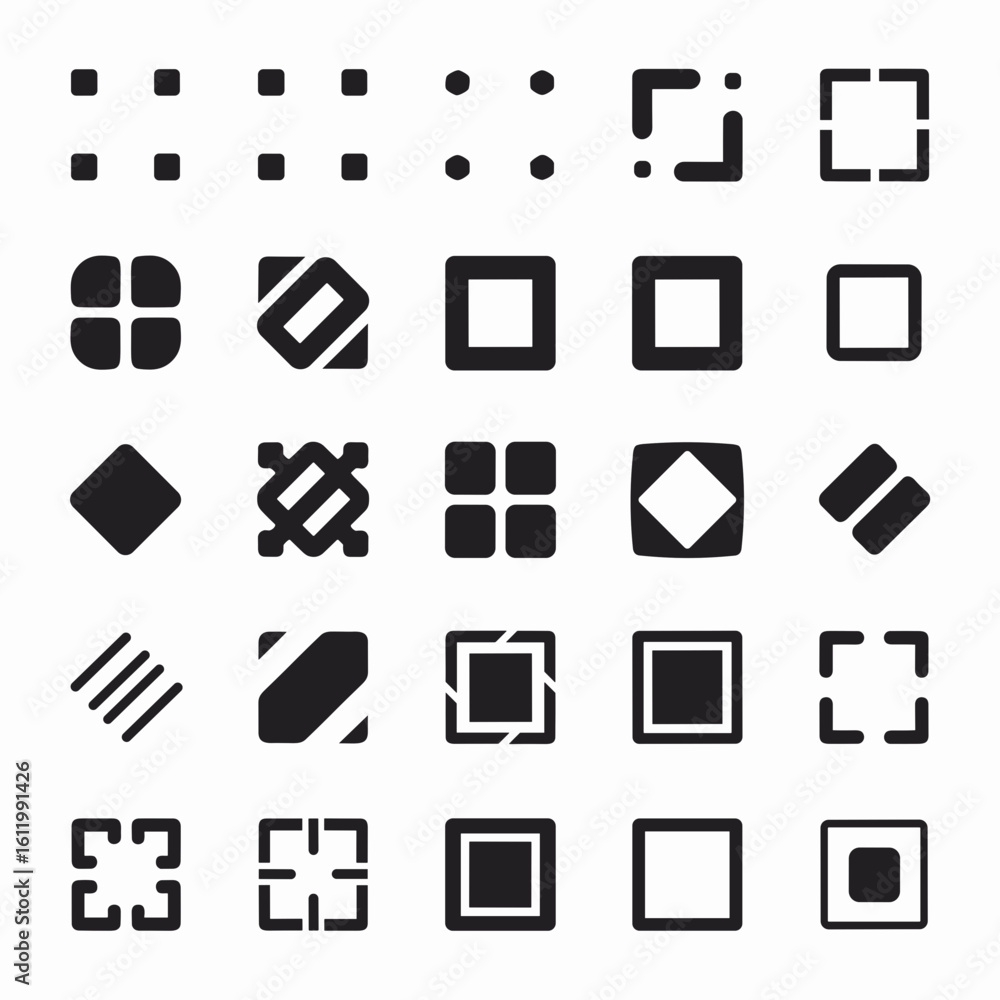 Aufkleber black and white icon sheet of square variations in multiple styles