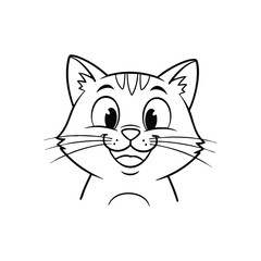 Obraz premium Happy Cartoon Cat Face Icon. A delightful black and white feline head illustration, capturing a joyful expression and curious gaze on a dark background.