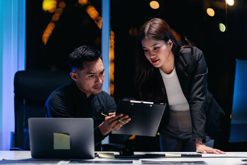 Dedicated Business Professionals Collaborate Late Night Office Strategic Planning Finance Technology Solutions Team Work