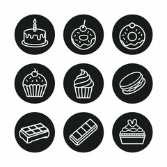 Minimalist dessert icon set in black and white – Ideal for cafe menus, sweet treat packaging, or baking blogs