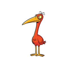 Obraz premium Skeptical Cartoon Bird Character. A comical avian creature with a long orange bill and displeased expression. This feathered character embodies skepticism and comical annoyance.