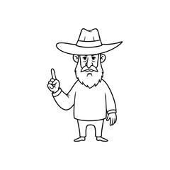Wise Man Pointing Upwards. A distinguished character with a long beard and a fedora hat raises a digit, symbolizing an important idea or direction.