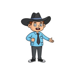 Cartoon Man Explaining Pose. A cheerful animated gentleman in a stylish wide-brimmed hat and formal attire makes an inviting gesture. His wide-eyed expression suggests surprise.