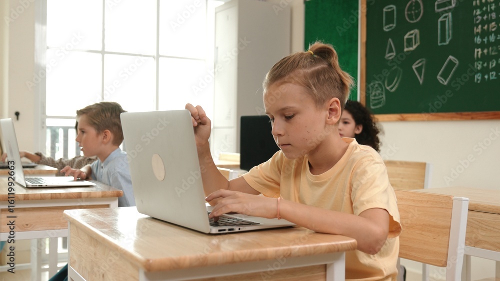 Poster smart caucasian boy using laptop to generated ai by coding engineering prompt. diverse student learn