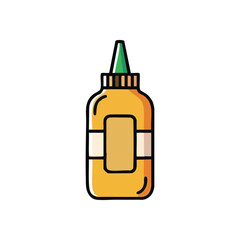 Mustard Squeeze Bottle Illustration. A vibrant cartoon style image of a yellow condiment container with a green lid. Represents flavor, dining, and casual food experiences.