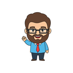 Friendly Cartoon Man Waving. A cheerful bearded male character with spectacles in professional attire extends a warm welcome, symbolizing approachability.