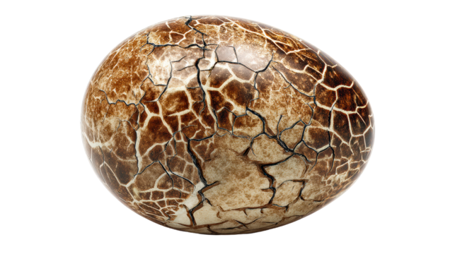Intricately designed brown speckled egg with cracked texture