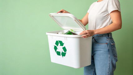 A person demonstrating proper waste disposal by opening a clean, white recycling container.