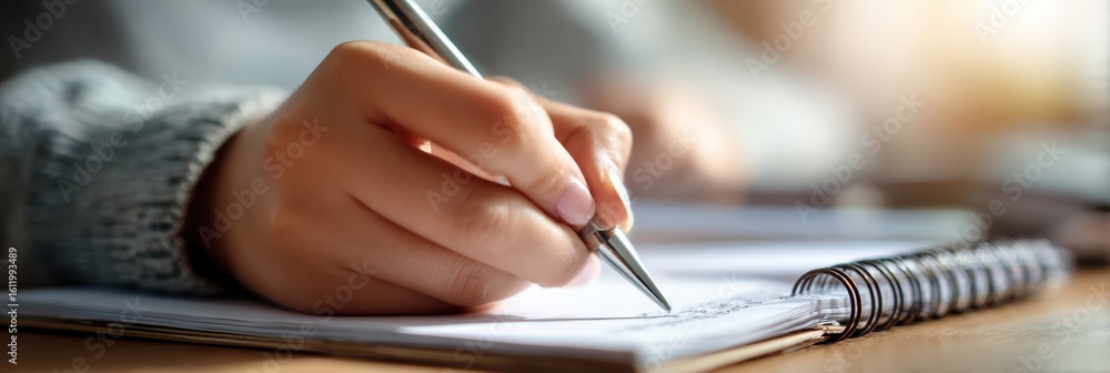 Aufkleber student engaged in note taking with a pen in a spiral notebook during a focused study session