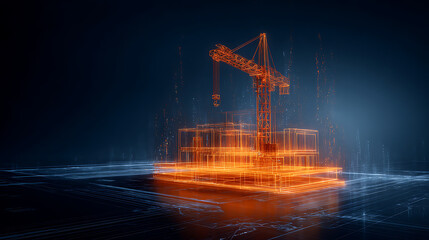 Orange wireframe construction crane and building blueprint glowing against dark blue background image