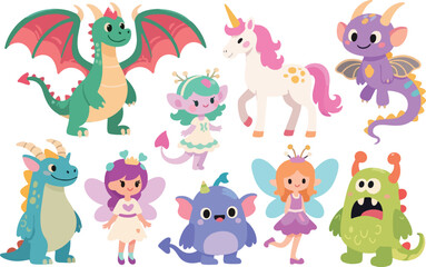 Obraz premium Collection of cute fantasy creatures and fairies isolated on transparent background