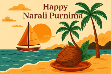 Happy narali purnima celebration card with coconut palm trees and ocean sunset illustration for coastal festival design