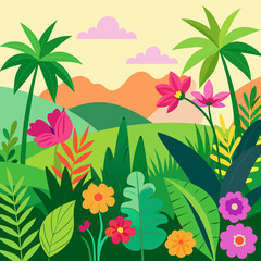 Lush tropical meadow with exotic flowers and palm trees lush greenery vibrant colors