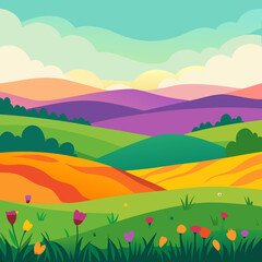Obraz premium Rolling hills with colorful meadows and blooming flowers landscape tulips