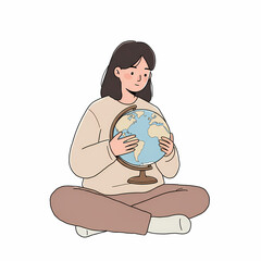 Young woman sitting cross-legged and holding a globe in her hands  
