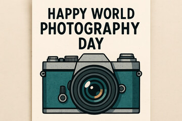 Happy world photography day celebration card with vintage camera illustration and retro textured design for photography enthusiasts