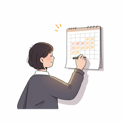 Young man marking important dates on wall calendar with a pen  