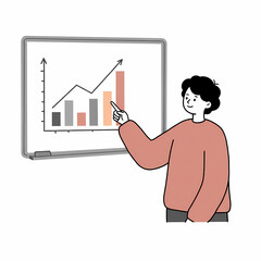 Young person pointing at bar graph on whiteboard in office setting  