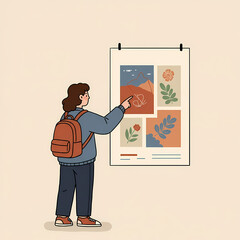 Young student pointing at classroom poster with art and design  