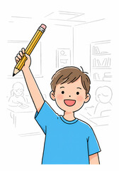 Young boy raising hand with pencil in classroom expressing enthusiasm  
