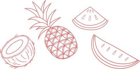 Red line art tropical fruit set with pineapple, coconut, and watermelon slices on white background. Hand-drawn summer fruit illustration perfect for fresh, organic food design themes.