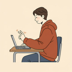 Young man typing on laptop and tapping desk with fingers indoors  
