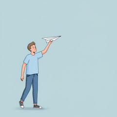 Young boy holding paper airplane and smiling against blue background  
