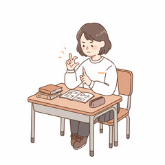 Young girl counting fingers while studying at a school desk  