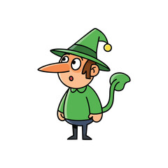 Whimsical Elf Cartoon Mascot. A delightful fantasy creature, perhaps a gnome or imp, adorns a green hat. Its prominent nose and leaf tail enhance a surprised, curious expression. Ideal for playful.