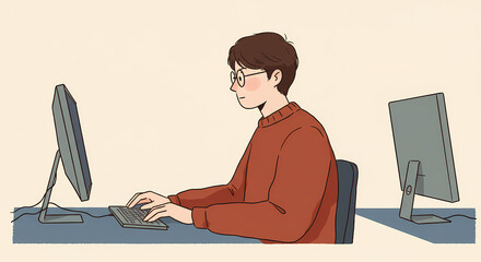 Young man with glasses typing on computer in modern workspace  