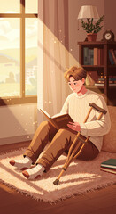 Young man reading a book while sitting on a rug with crutches  