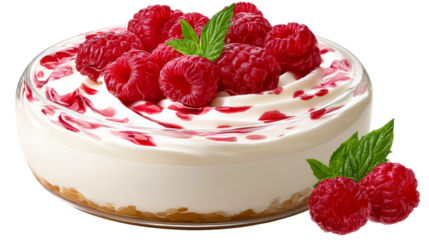 Creamy dessert with fresh raspberries and mint leaves on top