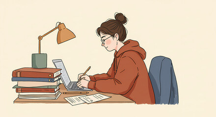 Young woman studying at desk with books and laptop in cozy setting  