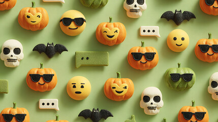 Halloween background a playful halloween pattern with pumpkins, skulls, bats, and emojis